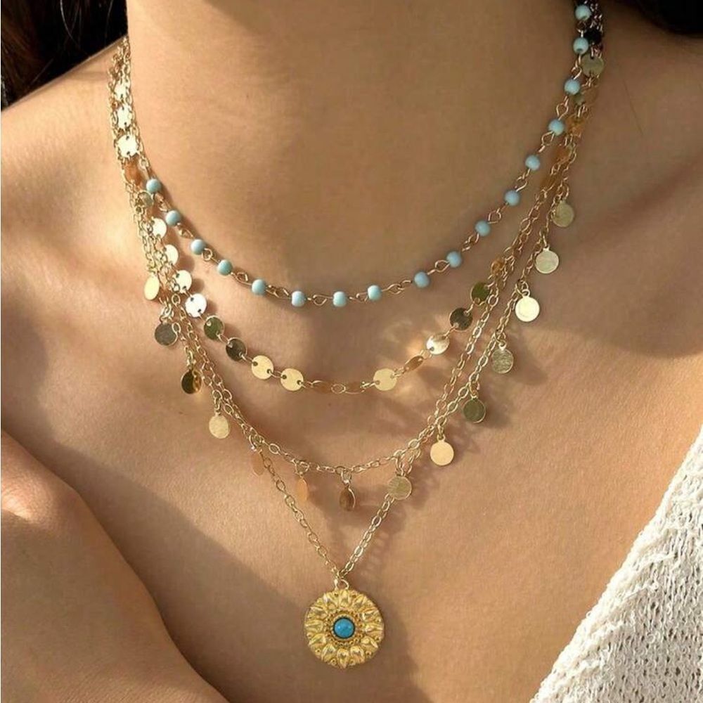 Gold and Turquoise Layered Necklace Set R159